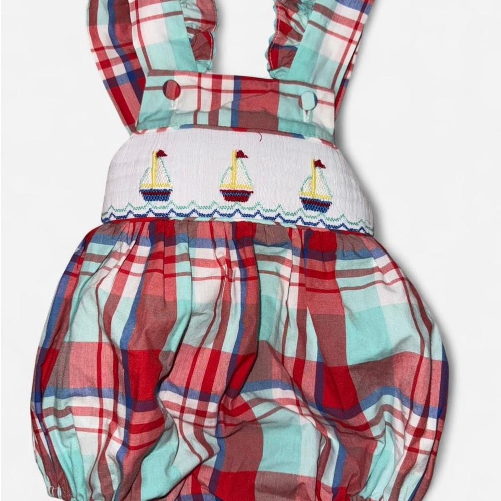 Classic Whimsy Smocked Plaid Sailboat baby Romper Bubble Size 3m